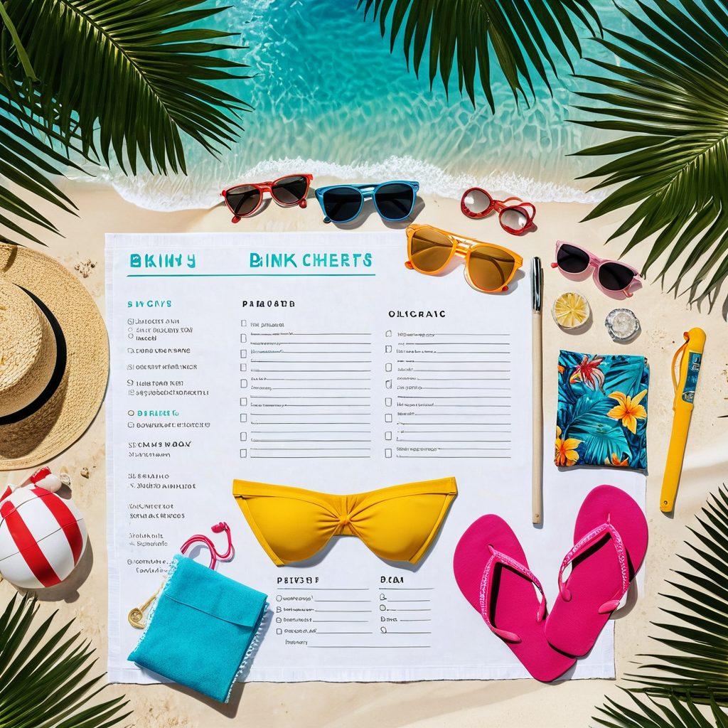 A vibrant, colorful beach scene showcasing a stylish, neatly arranged bikini packing checklist. Include items like sunscreen, beach towel, sunglasses, and flip flops surrounding a tropical beach backdrop with palm trees and crystal-clear water. Captivate a sense of relaxation and adventure, inviting viewers to envision their perfect getaway. bright colors. vacation theme. tropical style.